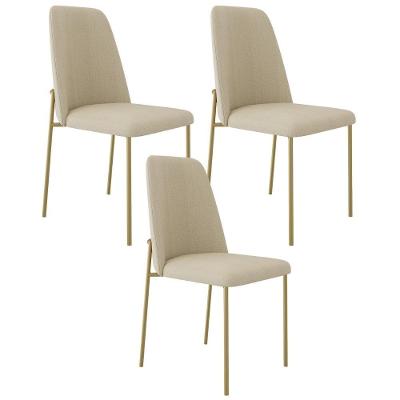 Kit 03 Cadeiras Decorativa Estofada Para Sala De Jantar Dourada Bella L02 Linho Bege Escuro - Lyam Decor