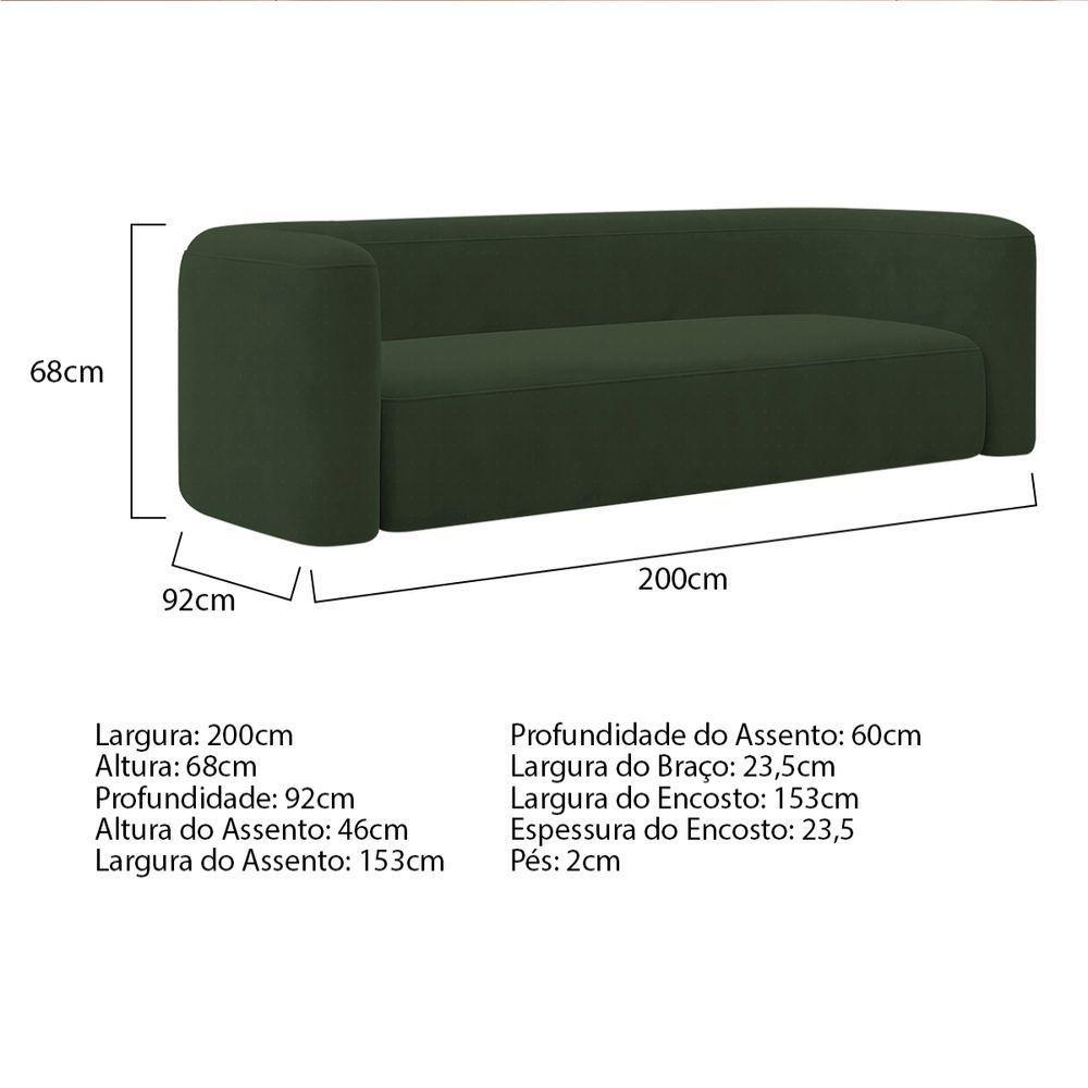 Sofá 3 Lugares 200cm Orgânico Luxo Recepção Melina Linho - Doce Sonho Moveis Verde - 3