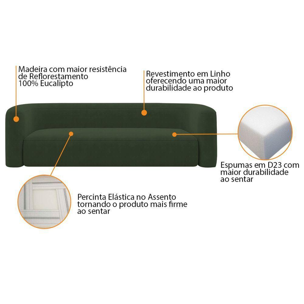 Sofá 3 Lugares 200cm Orgânico Luxo Recepção Melina Linho - Doce Sonho Moveis Verde - 4