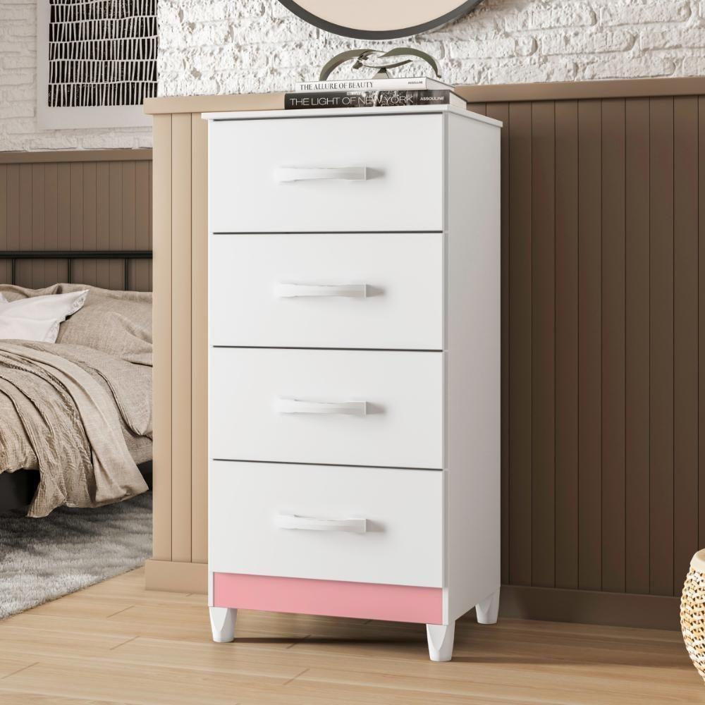 Comoda 4 Gavetas Alasca Branco Rosa - 1