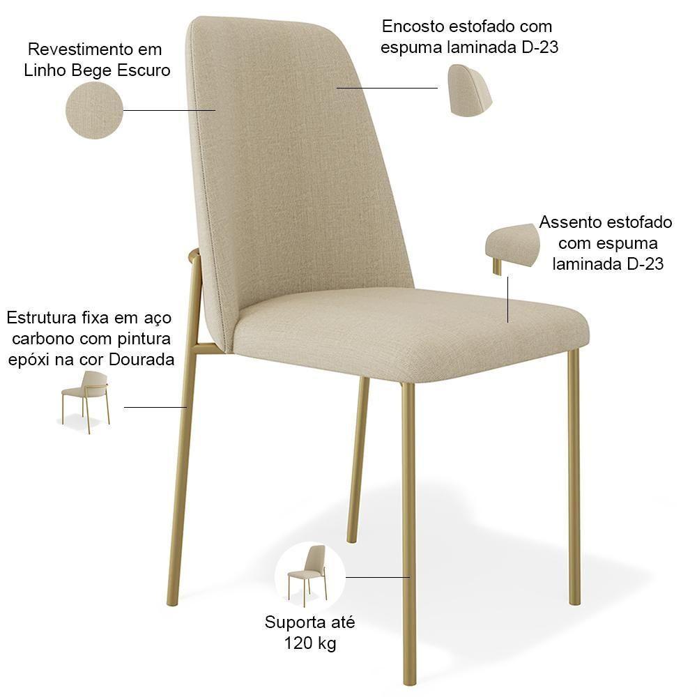 Kit 02 Cadeiras Decorativa Estofada Para Sala De Jantar Dourada Bella L02 Linho Bege Escuro - Lyam Decor - 4