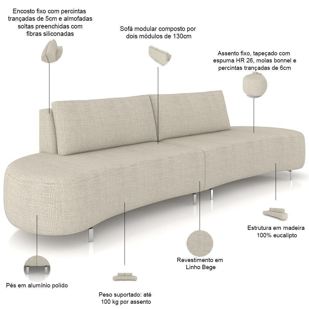 Sofá 4 Lugares Para Sala Living Orgânico Pés Metálicos 260cm Shui P08 Linho Bege - Lyam Decor - 3