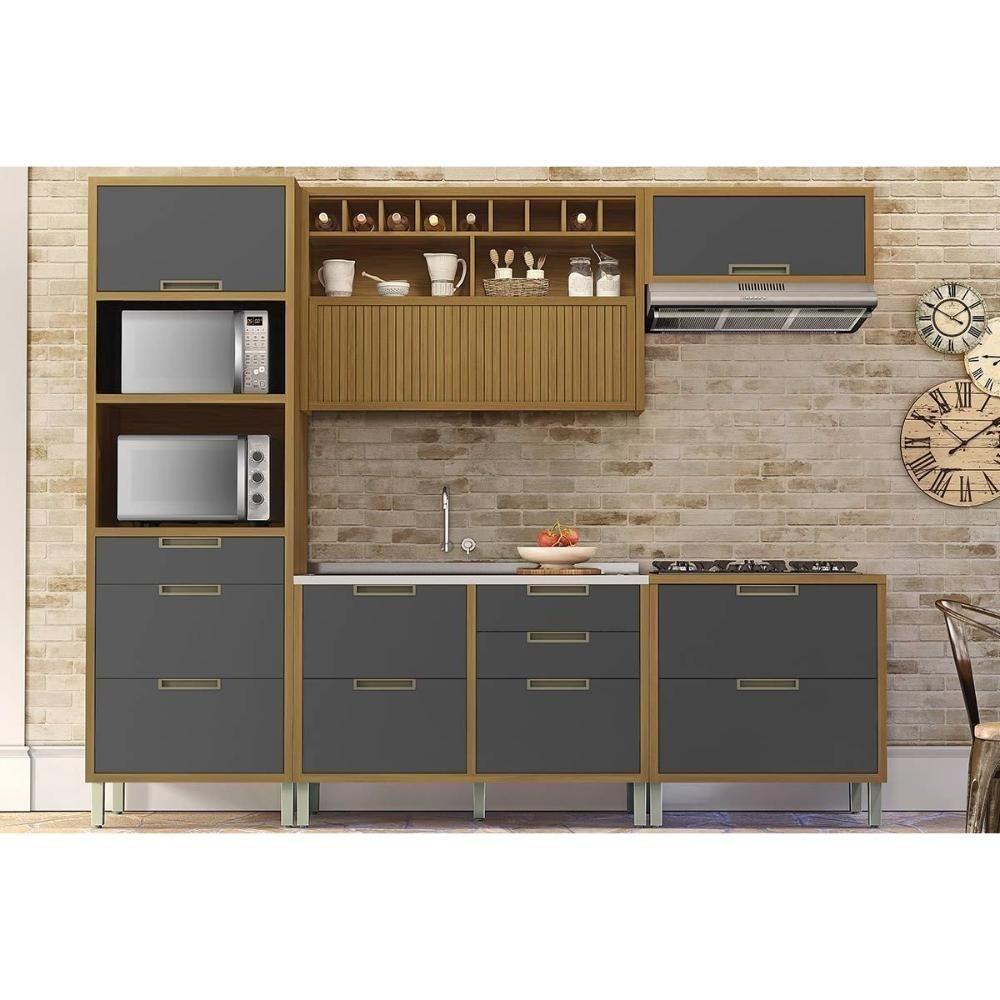Cozinha Modulada Completa Imperatriz 5 Peças 2balcões+2aéreos+1torre Quente C6p46 Freijó Grafite - 1