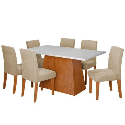 Conjunto Sala De Jantar Mesa 1,60m Trento 6 Cadeiras Trieste Dobuê Madeirado / Bege