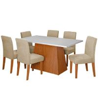 Conjunto Sala De Jantar Mesa 1,60m Trento 6 Cadeiras Trieste Dobuê Madeirado / Bege - 1