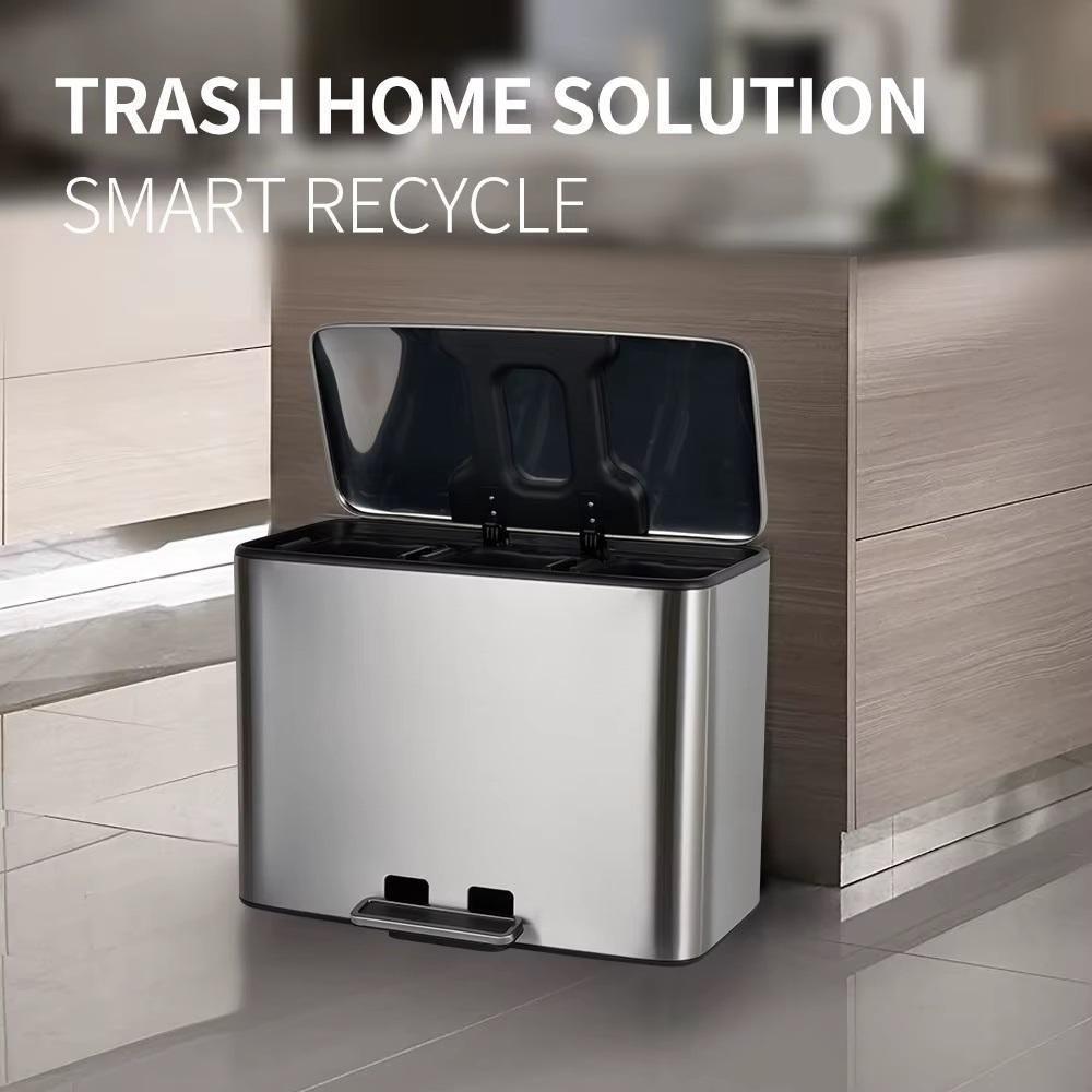 Lixeira Tripla Coleta Seletiva Em Aço Inox 30 Litros – 3 Cestos Com Pedal 3 Em 1 Ecológica Luxo - 2