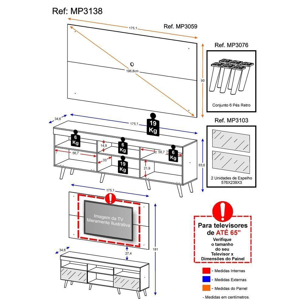 Rack com Painel TV até 65" Espelho e Pés Retrô Multimóveis - 6