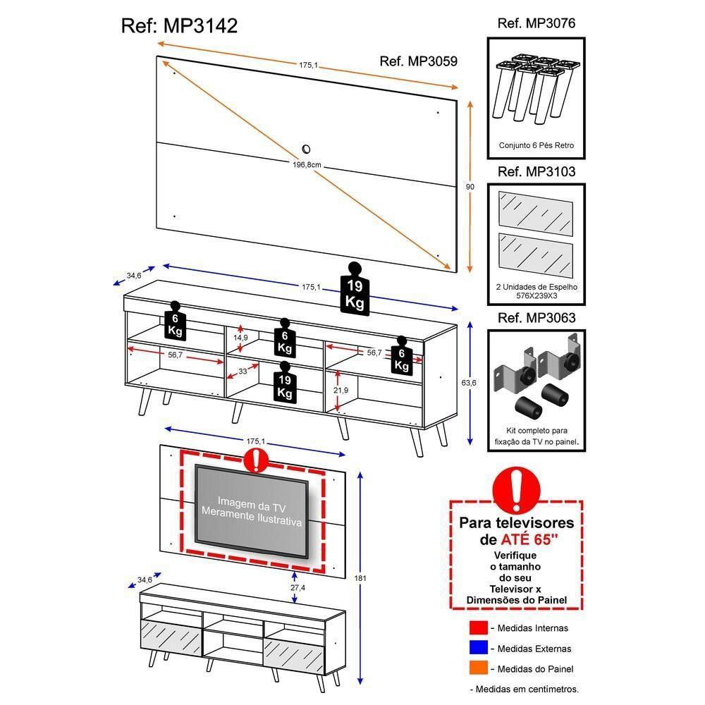 Rack com Painel TV até 65" Espelho e Pés Retrô Multimóveis - 6