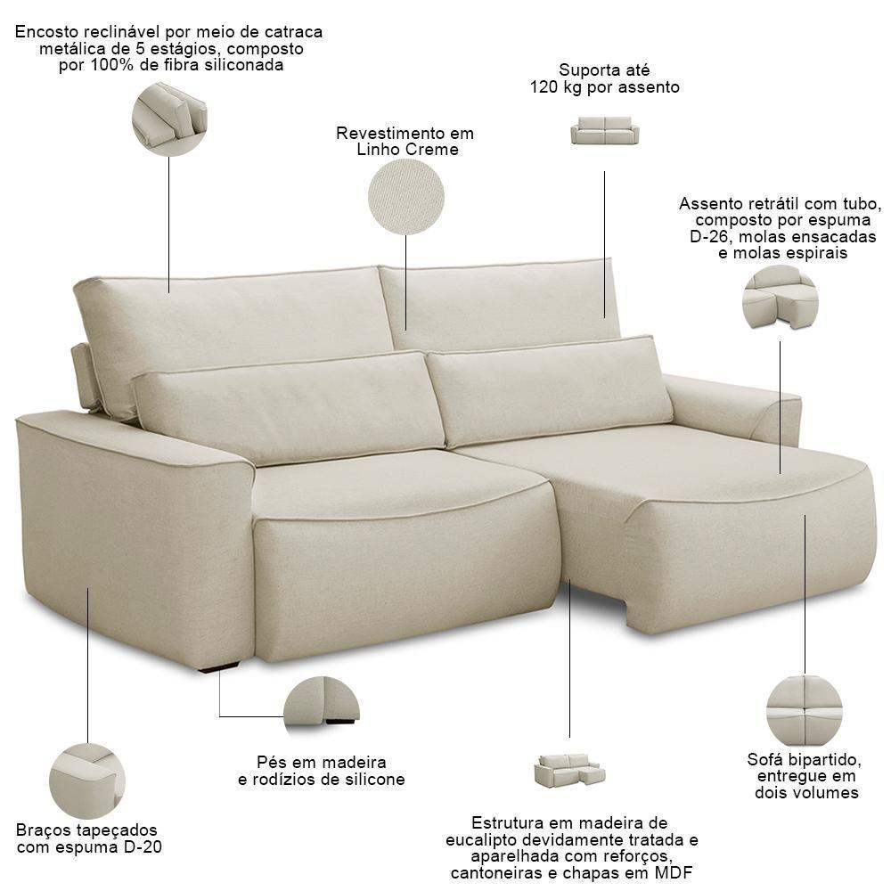 Sofá 4 Lugares Retrátil Reclinável Para Sala De Estar 280cm Odilon F04 Linho Creme - Lyam Decor - 3
