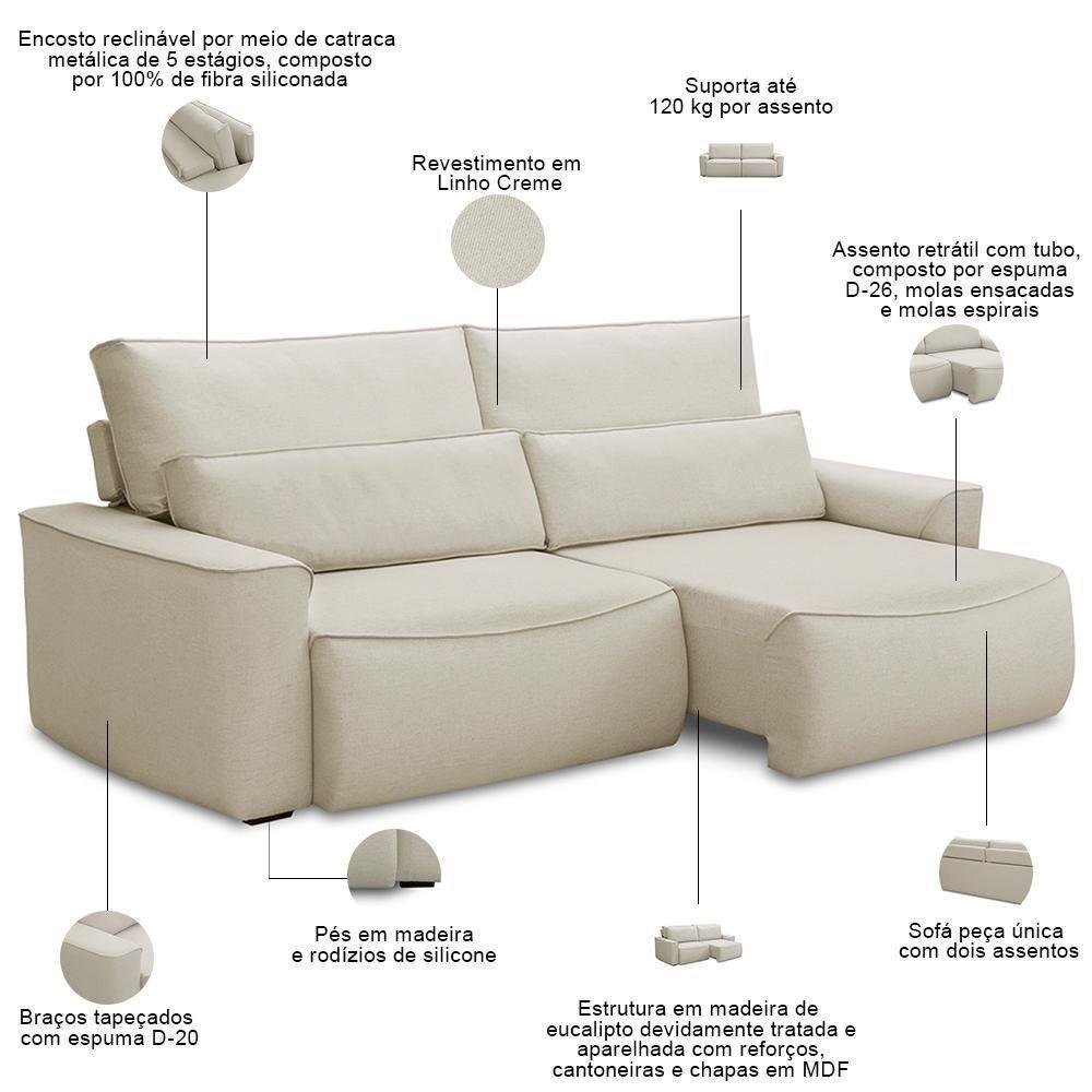Sofá 3 Lugares Retrátil Reclinável Para Sala De Estar 250cm Odilon F04 Linho Creme - Lyam Decor - 3