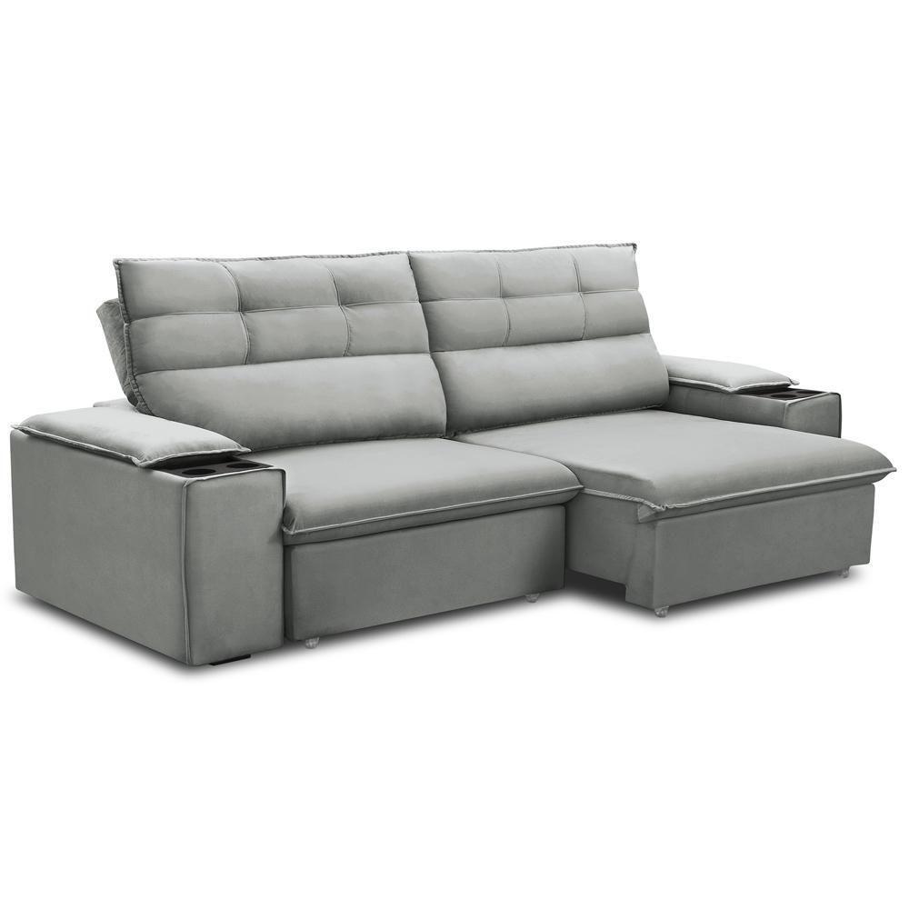 Sofá Retrátil Reclinável Para Sala 3 Lugares 225cm Gordon F04 Veludo Cinza Claro - Lyam Decor - 1