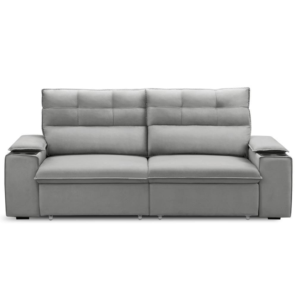 Sofá Retrátil Reclinável Para Sala 3 Lugares 225cm Gordon F04 Veludo Cinza Claro - Lyam Decor - 2