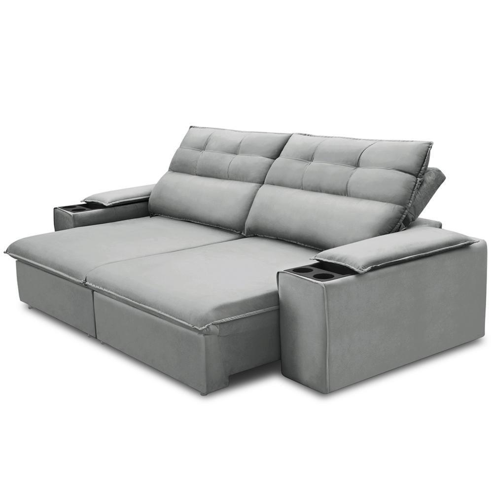Sofá Retrátil Reclinável Para Sala 3 Lugares 225cm Gordon F04 Veludo Cinza Claro - Lyam Decor - 6