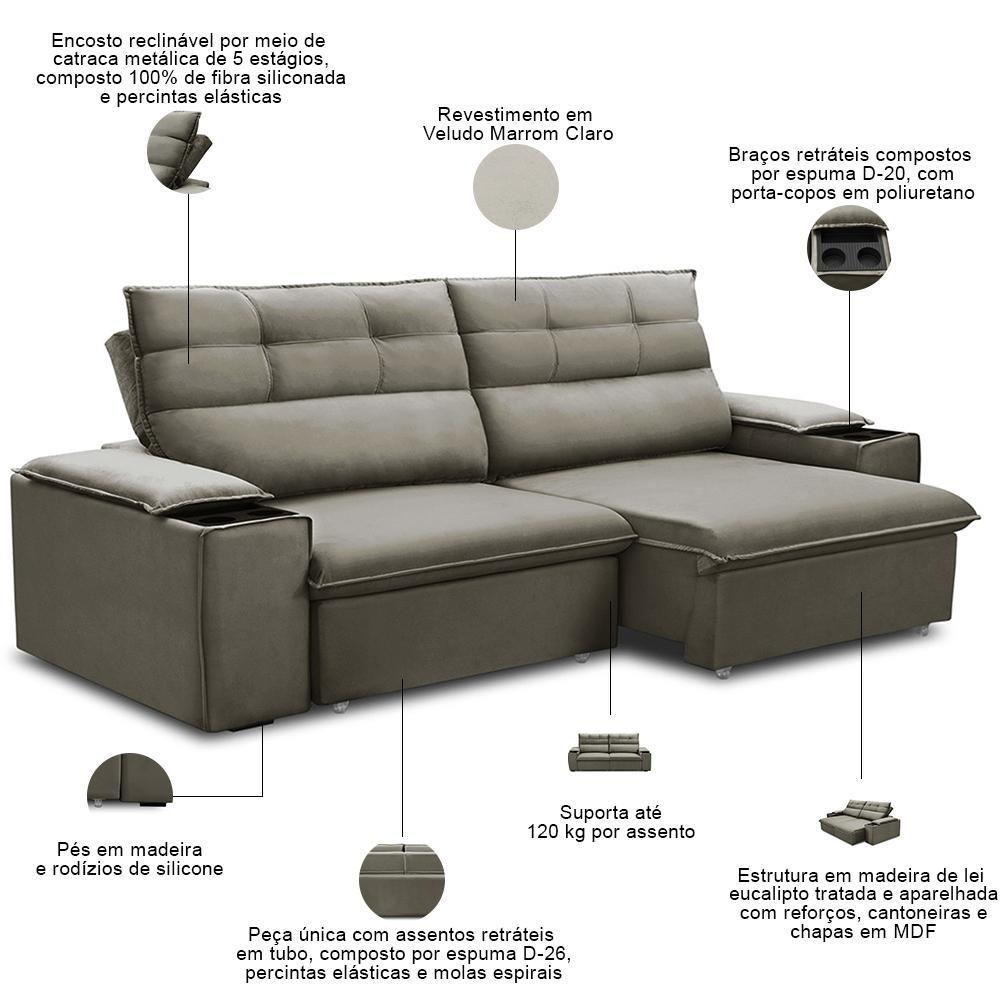 Sofá Retrátil Reclinável Para Sala 3 Lugares 245cm Gordon F04 Veludo Marrom Claro - Lyam Decor - 3