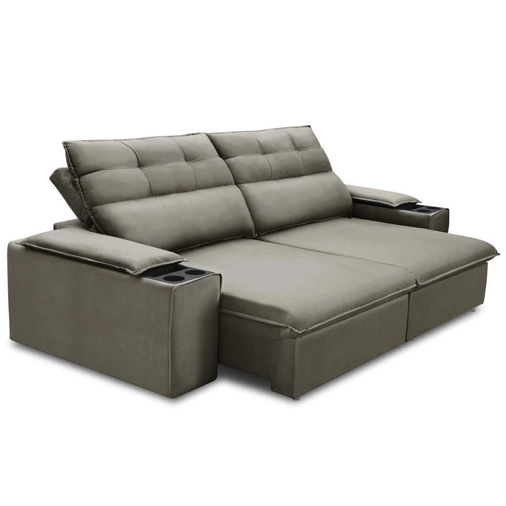 Sofá Retrátil Reclinável Para Sala 3 Lugares 245cm Gordon F04 Veludo Marrom Claro - Lyam Decor - 7