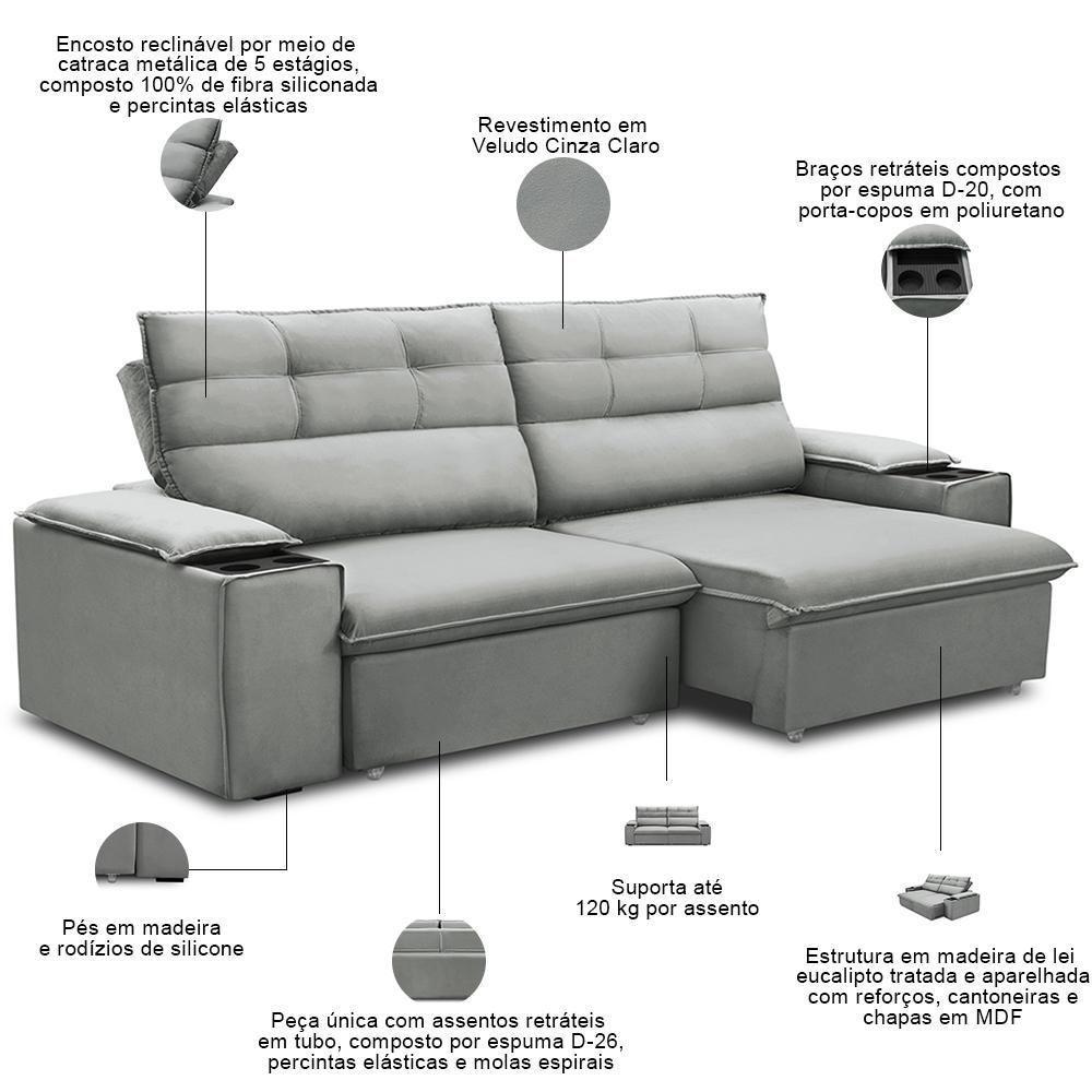 Sofá Retrátil Reclinável Para Sala 3 Lugares 205cm Gordon F04 Veludo Cinza Claro - Lyam Decor - 3