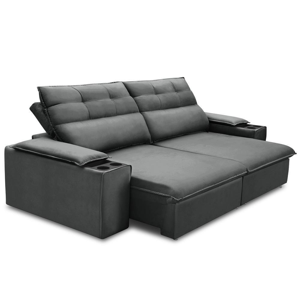 Sofá Retrátil Reclinável Para Sala 3 Lugares 205cm Gordon F04 Veludo Cinza Escuro - Lyam Decor - 6