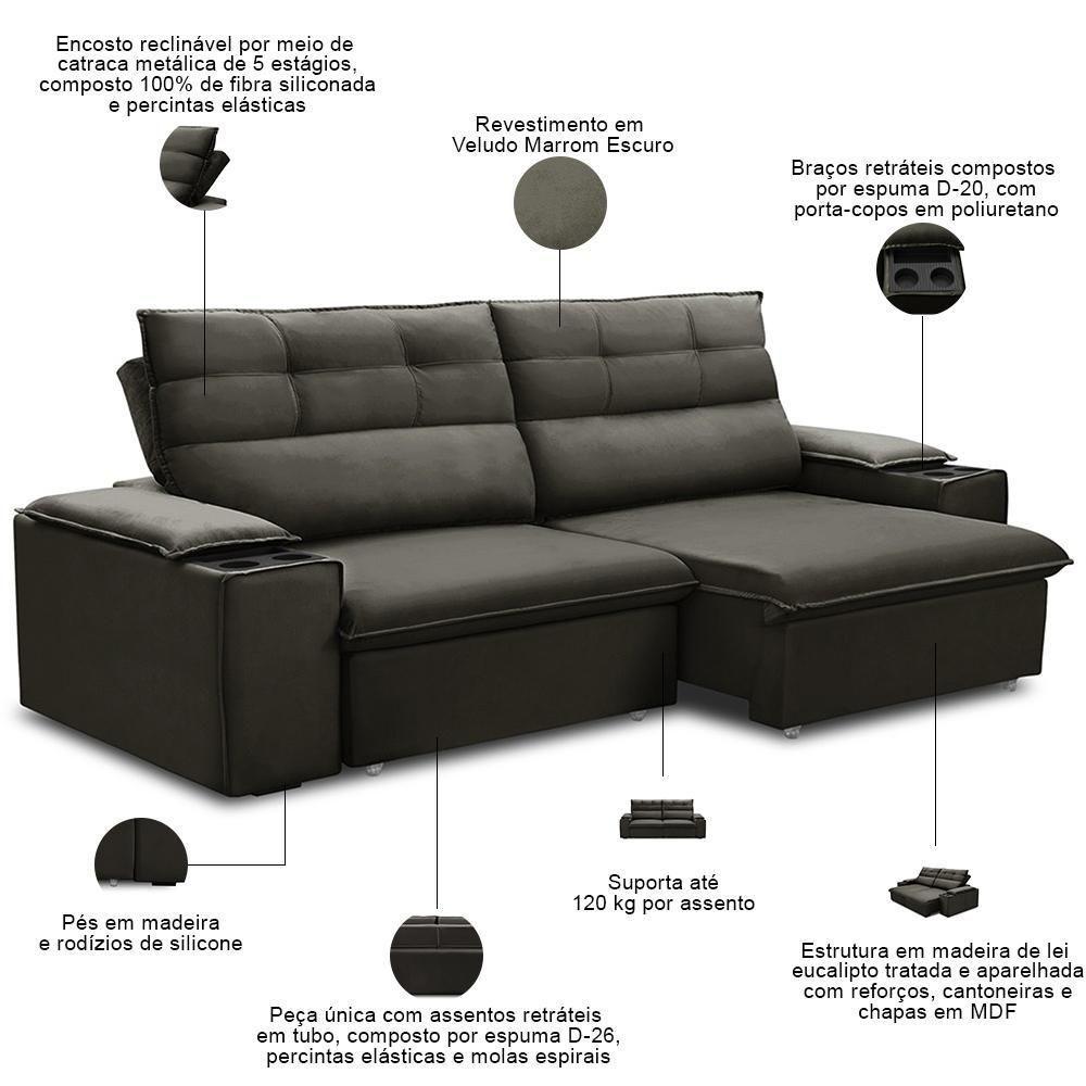 Sofá Retrátil Reclinável Para Sala 3 Lugares 205cm Gordon F04 Veludo Marrom Escuro - Lyam Decor - 3