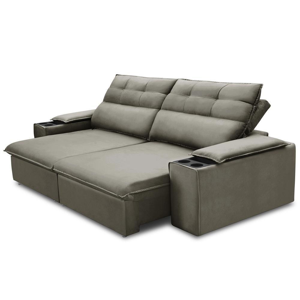 Sofá Retrátil Reclinável Para Sala 3 Lugares 205cm Gordon F04 Veludo Marrom Claro - Lyam Decor - 5