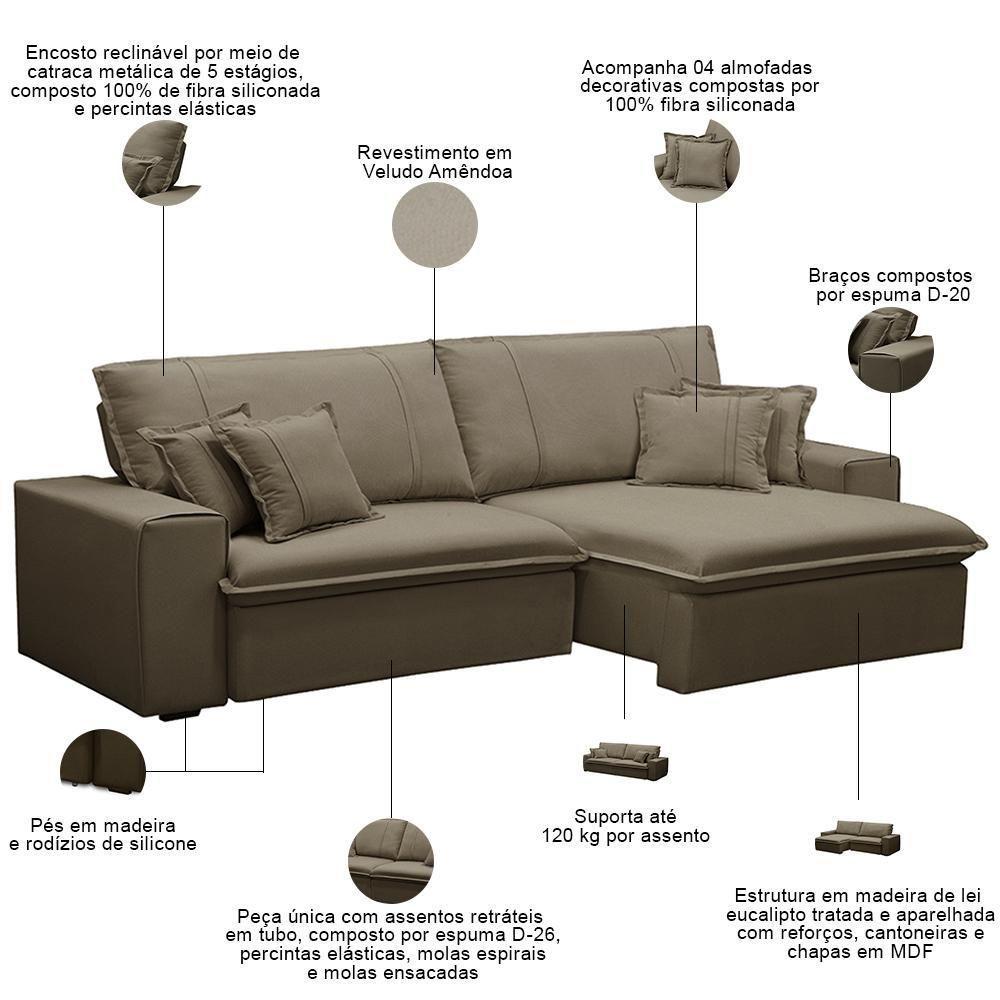 Sofá Retrátil Reclinável Para Sala 3 Lugares 250cm Varsov F04 Veludo Amêndoa - Lyam Decor - 2