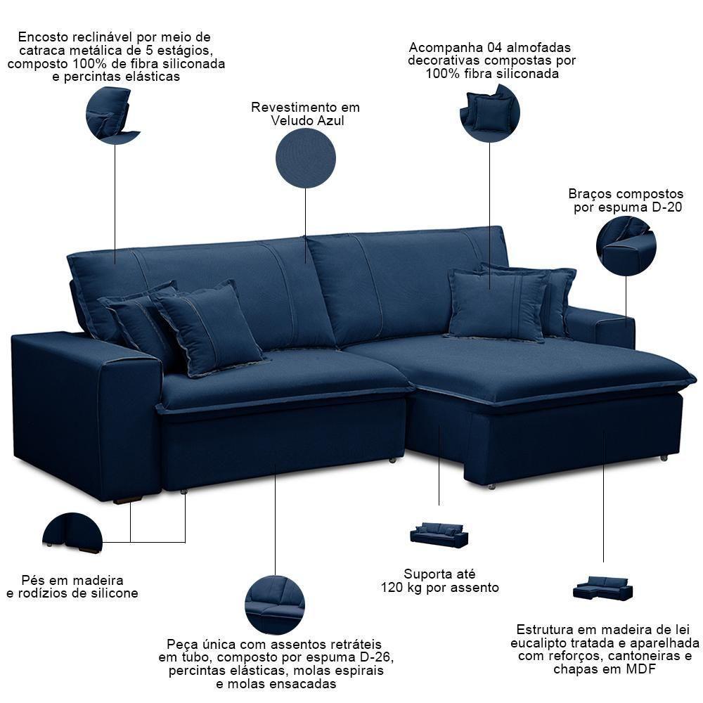 Sofá Retrátil Reclinável Para Sala 3 Lugares 250cm Varsov F04 Veludo Azul - Lyam Decor - 3
