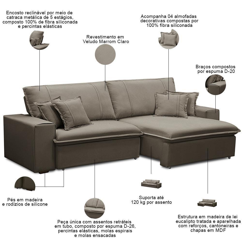 Sofá Retrátil Reclinável Para Sala 3 Lugares 250cm Varsov F04 Veludo Marrom Claro - Lyam Decor - 3