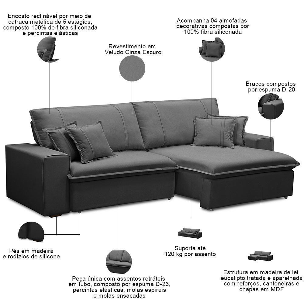 Sofá Retrátil Reclinável Para Sala 3 Lugares 230cm Varsov F04 Veludo Cinza Escuro - Lyam Decor - 3