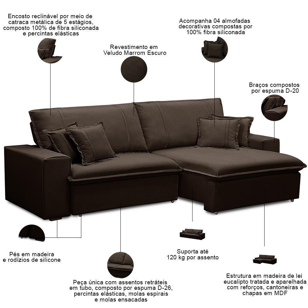Sofá Retrátil Reclinável Para Sala 3 Lugares 210cm Varsov F04 Veludo Marrom Escuro - Lyam Decor - 3