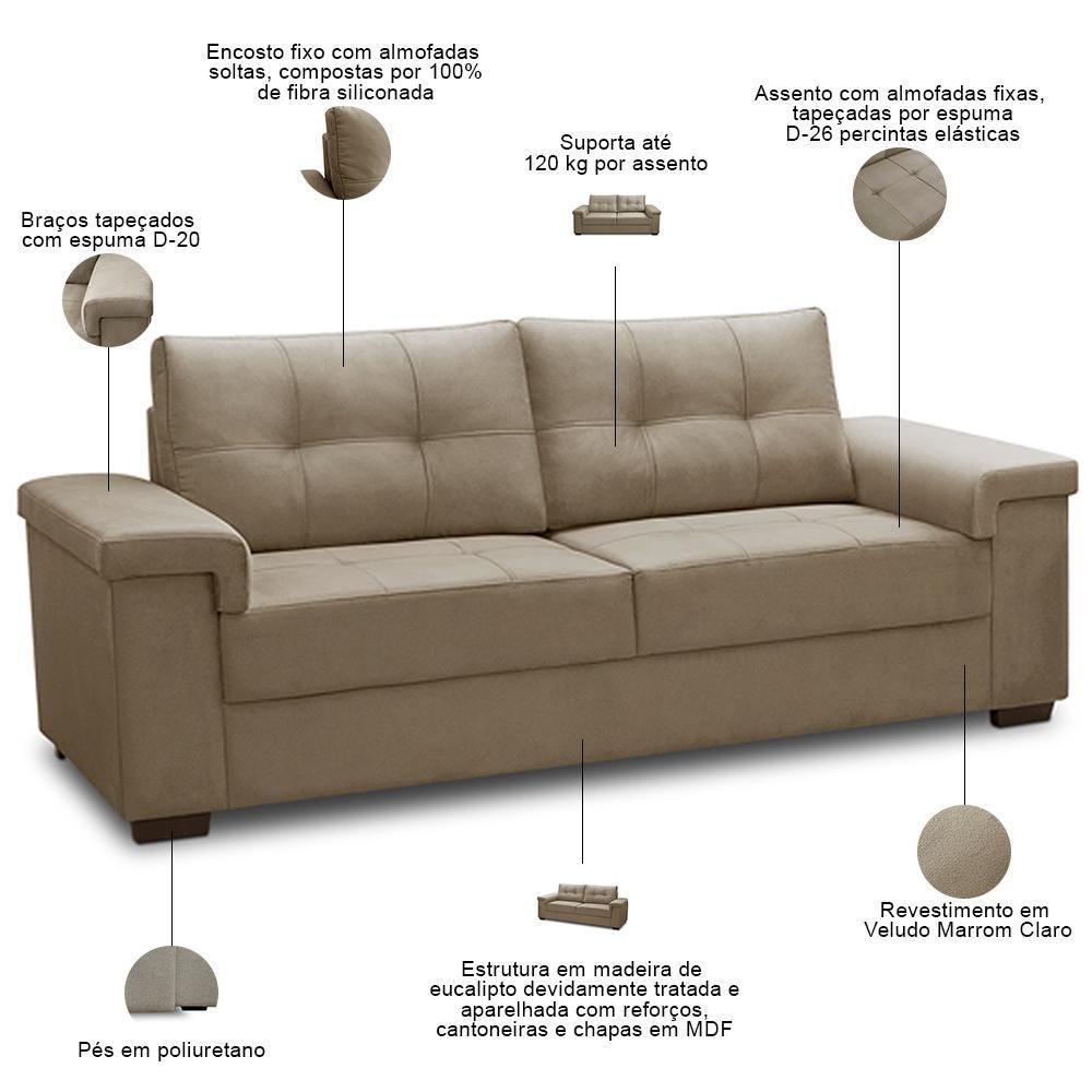 Sofá 3 E 2 Lugares Para Sala De Estar Living Allon F04 Veludo Marrom Claro - Lyam Decor - 3