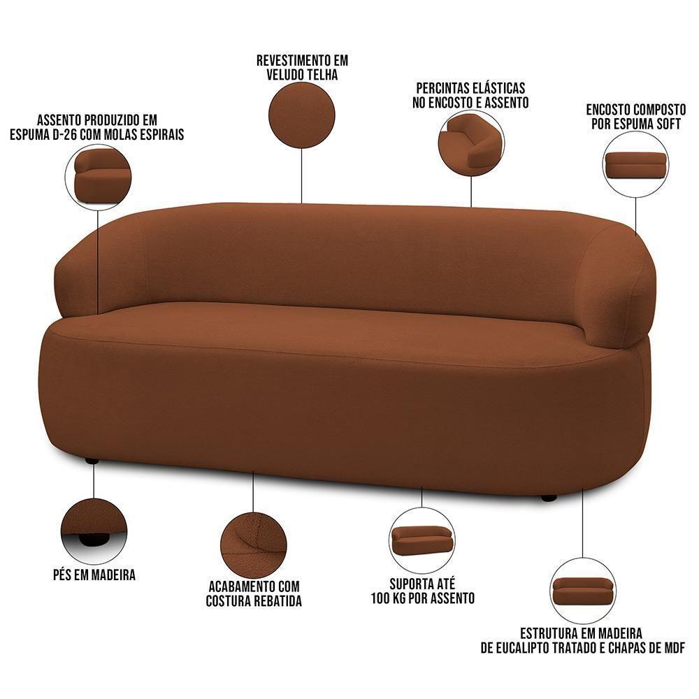 Sofá 3 Lugares Orgânico Sala De Estar Living 170cm Carmen F04 Veludo Telha - Lyam Decor - 4