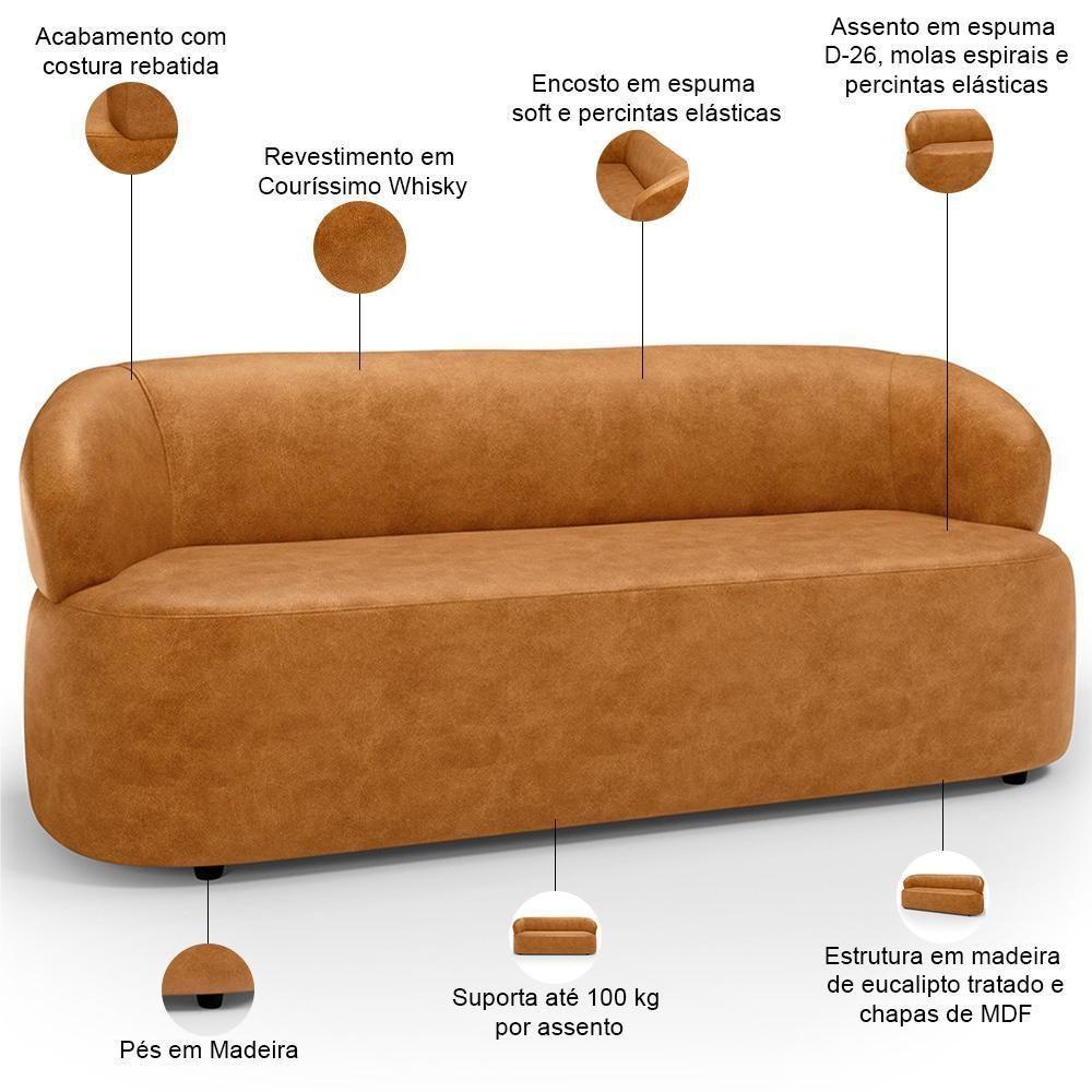 Sofá 3 Lugares Orgânico Sala De Estar Living 170cm Carmen F04 Couríssimo Whisky - Lyam Decor - 4