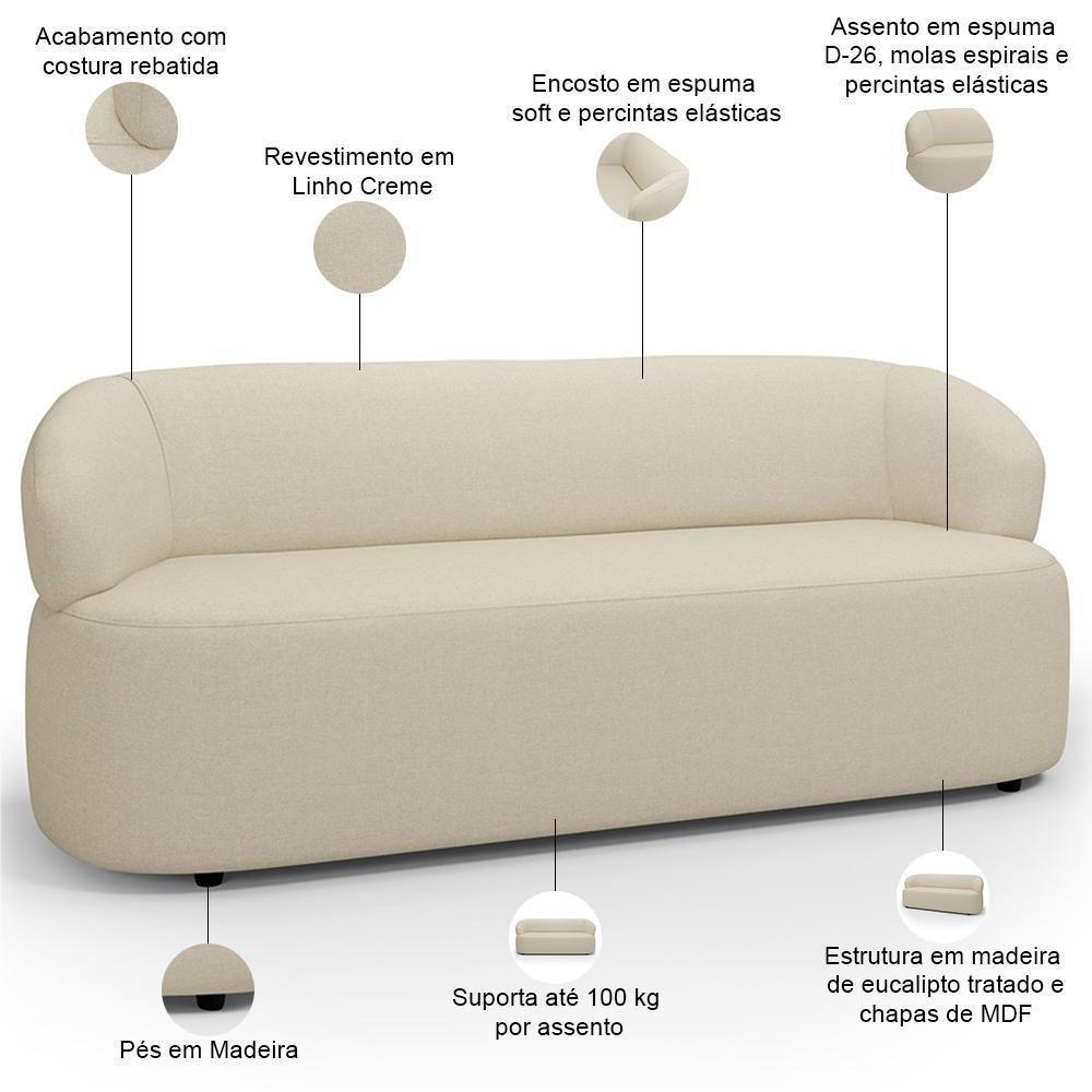 Sofá 3 Lugares Orgânico Sala De Estar Living 170cm Carmen F04 Linho Creme - Lyam Decor - 4