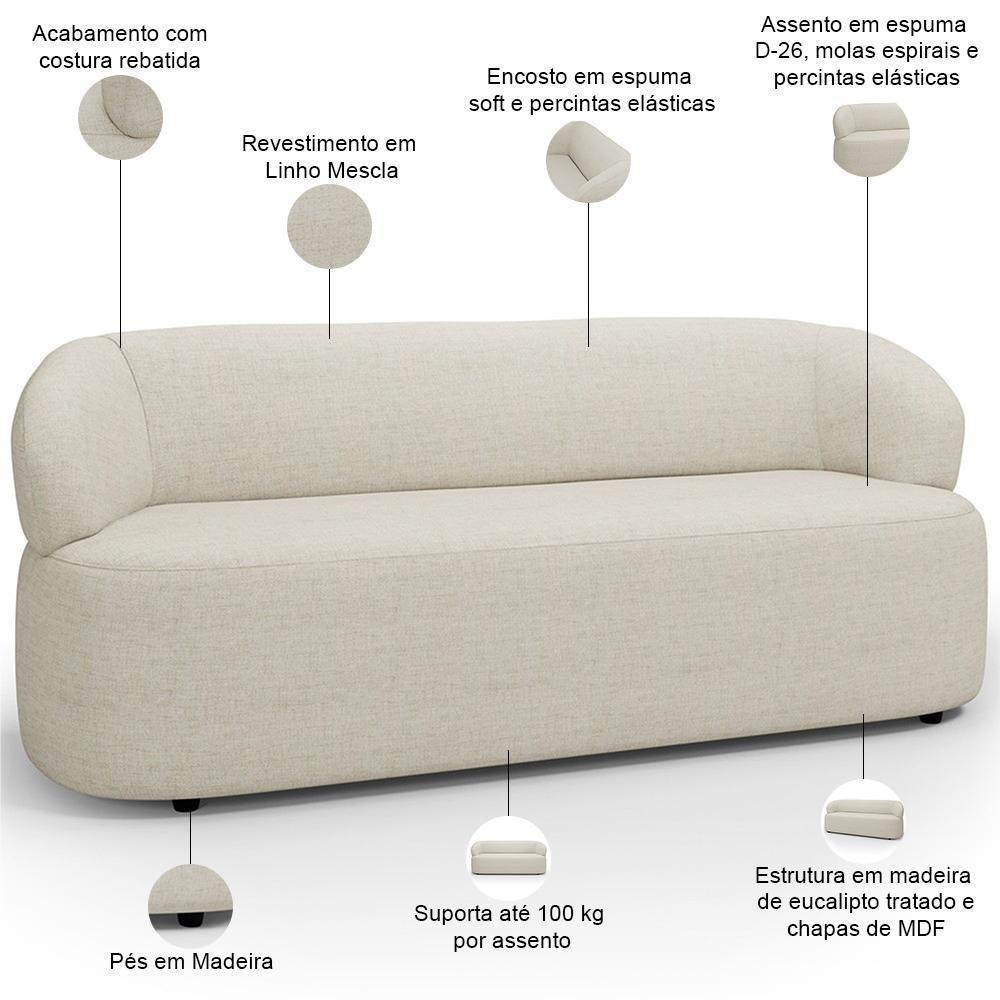 Sofá 3 Lugares Orgânico Sala De Estar Living 170cm Carmen F04 Linho Mescla - Lyam Decor - 6