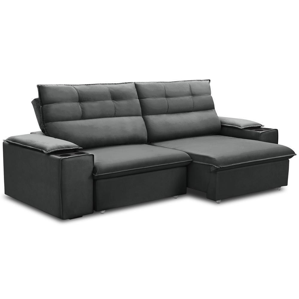 Sofá Retrátil Reclinável Para Sala 3 Lugares 245cm Gordon F04 Veludo Cinza Escuro - Lyam Decor - 1