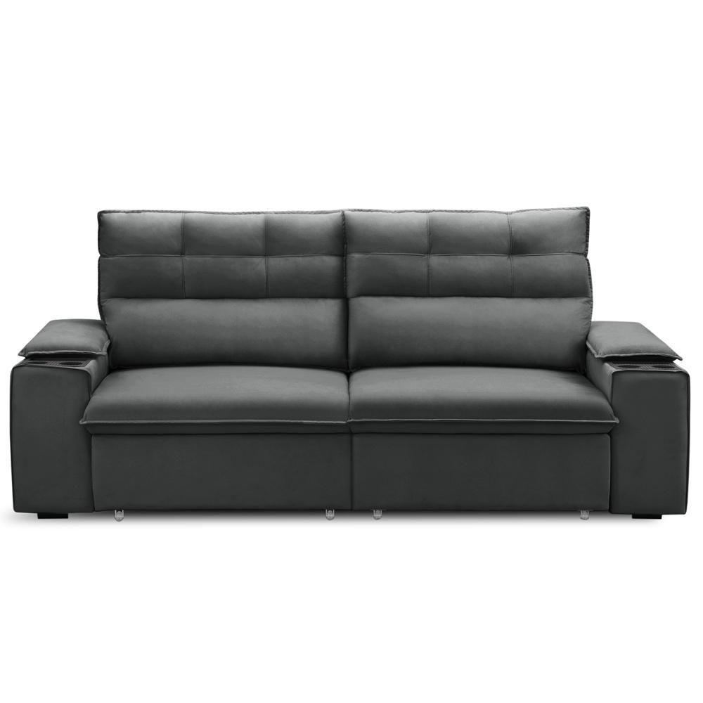 Sofá Retrátil Reclinável Para Sala 3 Lugares 245cm Gordon F04 Veludo Cinza Escuro - Lyam Decor - 5