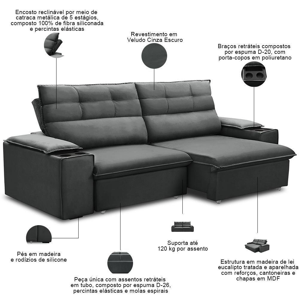 Sofá Retrátil Reclinável Para Sala 3 Lugares 245cm Gordon F04 Veludo Cinza Escuro - Lyam Decor - 6