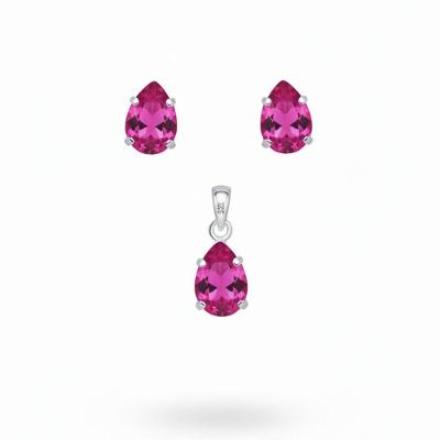 Conjunto Amaré Prata 925 Com Pingente E Brincos Gota Zircônia Colorida Joias Elegantes E Versáteis Rosa