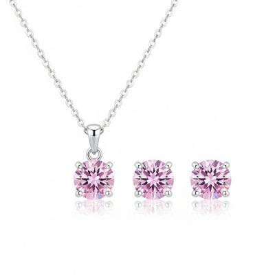 Conjunto Pingente E Brincos Amaré Prata 925 - Zircônia Redonda Rosa Bebê