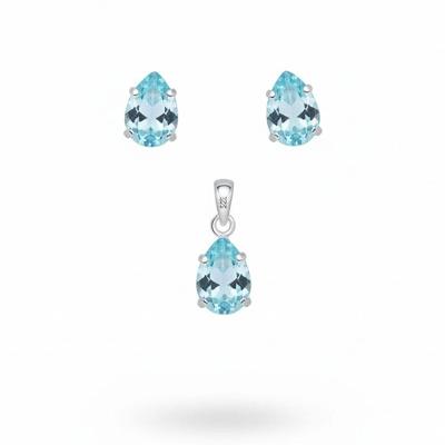 Conjunto Amaré Prata 925 Com Pingente E Brincos Gota Zircônia Colorida Joias Elegantes E Versáteis Azul Bebê