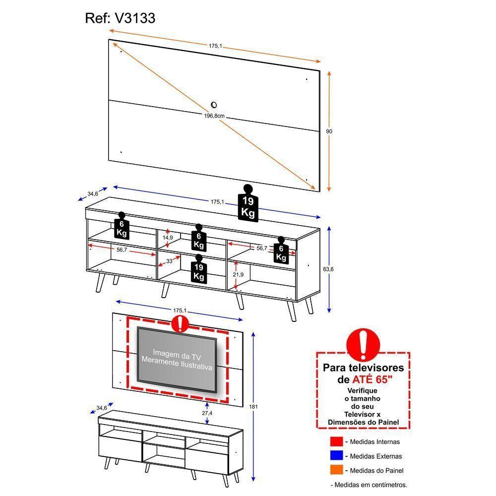 Rack Com Painel Tv 65" Retrô Flórida Multimóveis V3133 Preto/Branco Preto/Branco - 6