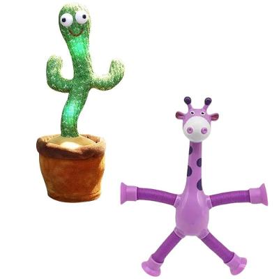 Kit Infantil Cacto Dançante Falante Musical Usb + Girafa Pop Tube Led Flexível E Educativa