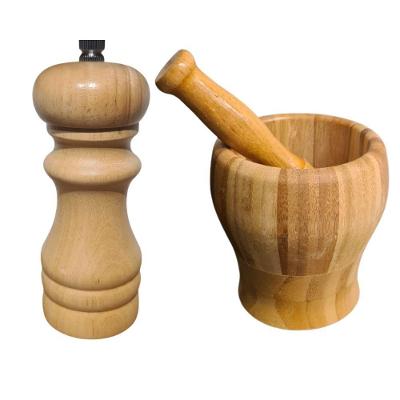 Kit Moedor Manual De Pimenta E Sal Grosso + Pilão Com Socador Em Madeira Bambu