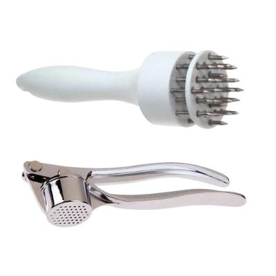 Kit Amaciador De Carne Manual Com Furador + Espremedor Amassador De Alho Em Inox