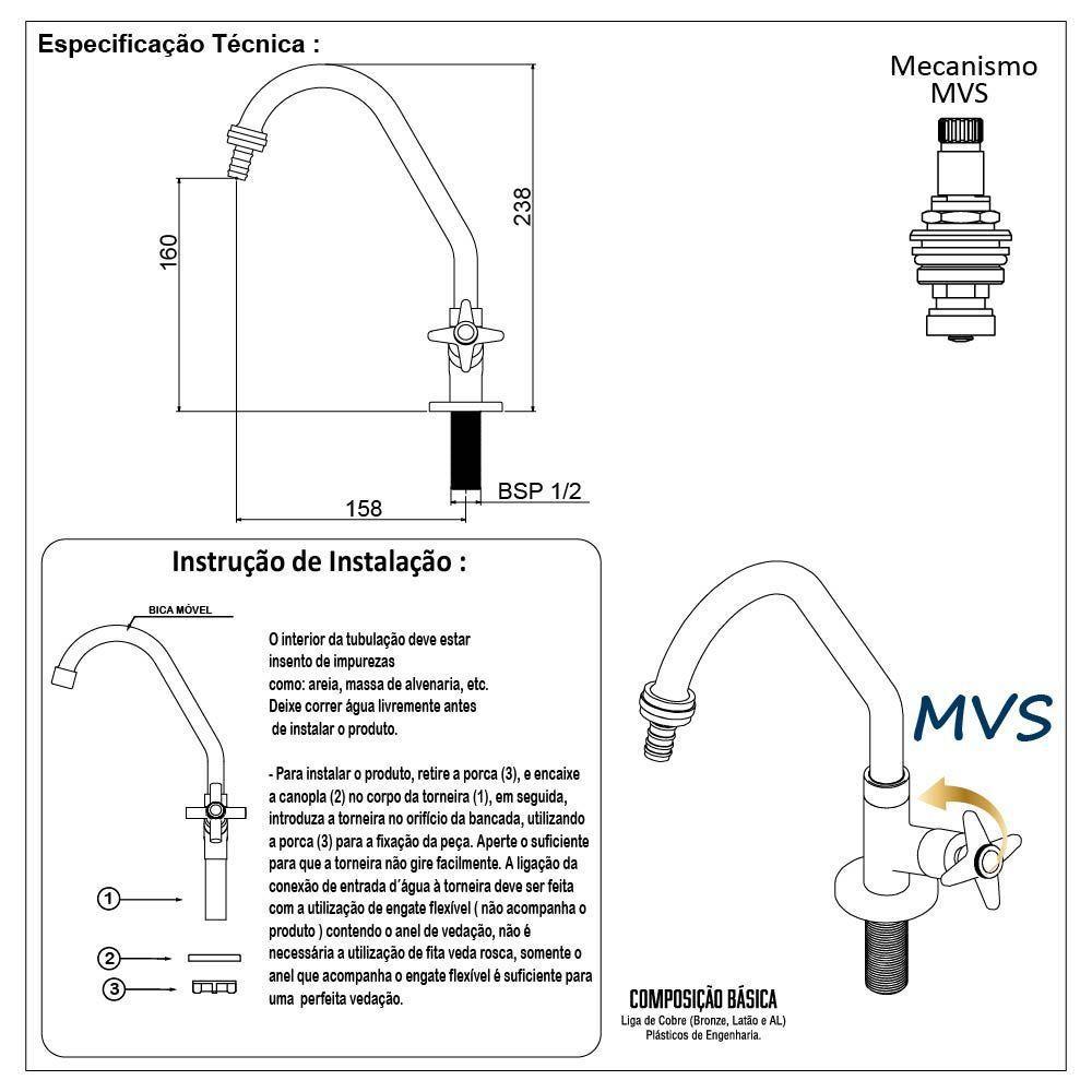 Torneira Pia Cozinha Bica Móvel Com Bico Mesa Bancada Cromado Metal Luxo - 6