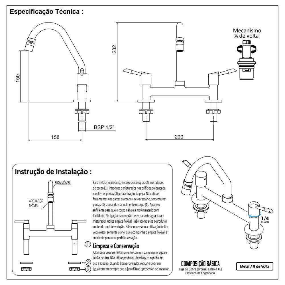 Torneira Misturador Cozinha Pia Bancada Mesa Alavanca Cromado 1/4 De Volta Metal Luxo - 8