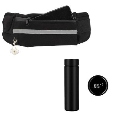 Kit Pochete Esportiva Para Corrida E Academia + Garrafa Térmica Inox 500ml Com Sensor De Temperatura Preto