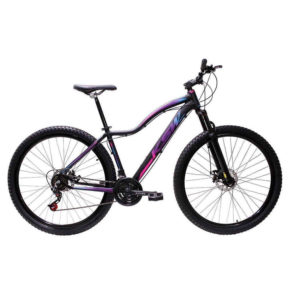 Bicicleta Ksw Aro 29 Feminina Alumínio 21 Marchas Freio A Disco Preto Fos Pink Azul 19 - 1
