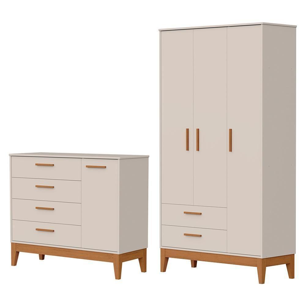 Jogo De Quarto Infantil Flip Guarda Roupa 3 Portas E Cômoda 1 Porta Areia Fosco - Reller Móveis Areia Fosco - 1