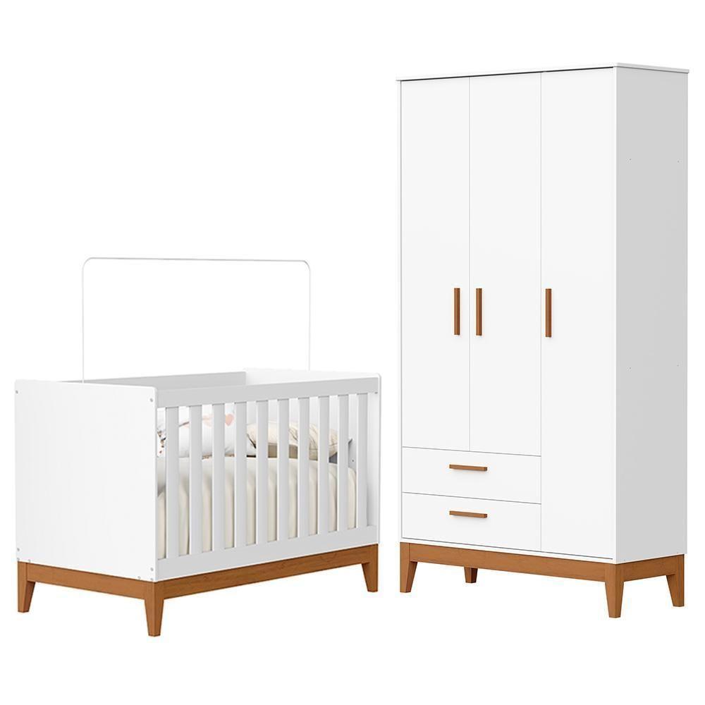 Jogo De Quarto Infantil Flip Guarda Roupa 3 Portas E Berço Americano Branco Fosco - Reller Móveis Branco Fosco - 1