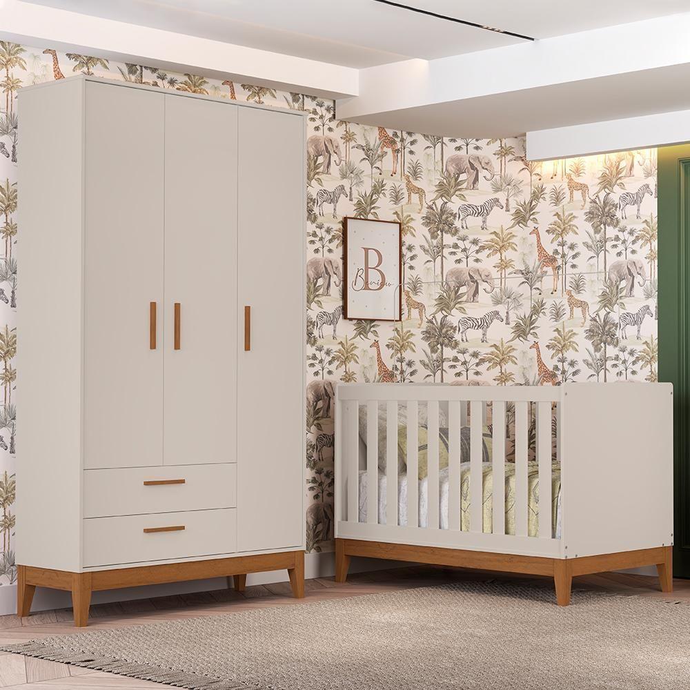 Jogo De Quarto Infantil Flip Guarda Roupa 3 Portas E Berço Americano Areia Fosco - Reller Móveis Areia Fosco - 2